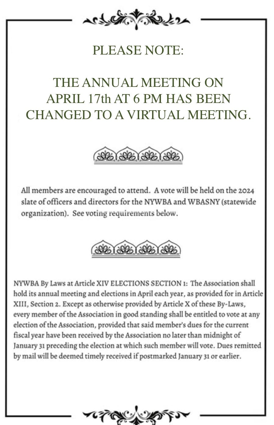 The annual meeting on April 17th at 6pm has been changed to a virtual meeting.